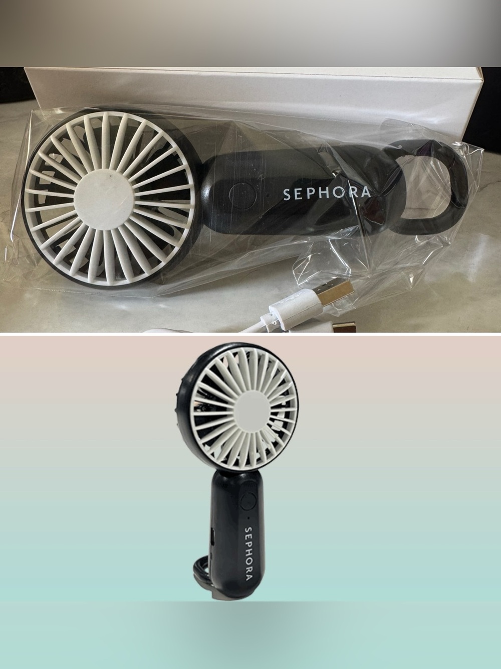 Sephora Portable Mini Fan Rechargeable Handheld Fan Black White USB Travel